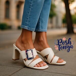 Charles by Charles David Gleam Block Heel Sandals 8 White Buckle Strappy Wedding
